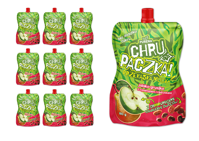 Chrupaczka przekąska jabłko-gruszka z cynamonem i rodzynkami 180g x 10sztuk