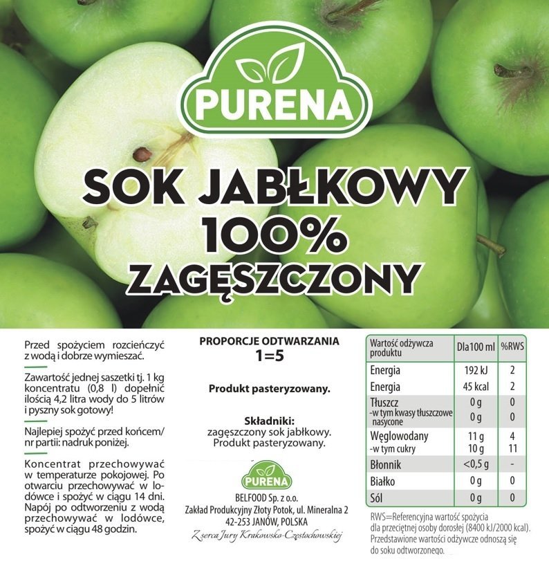 Sok jabłkowy 100% zagęszczony 1kg na 5l