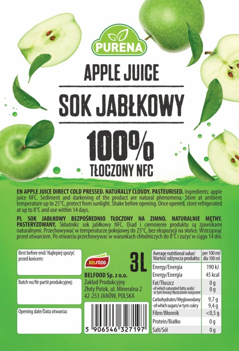 Sok jabłkowy 100% tłoczony na zimno NFC 3l