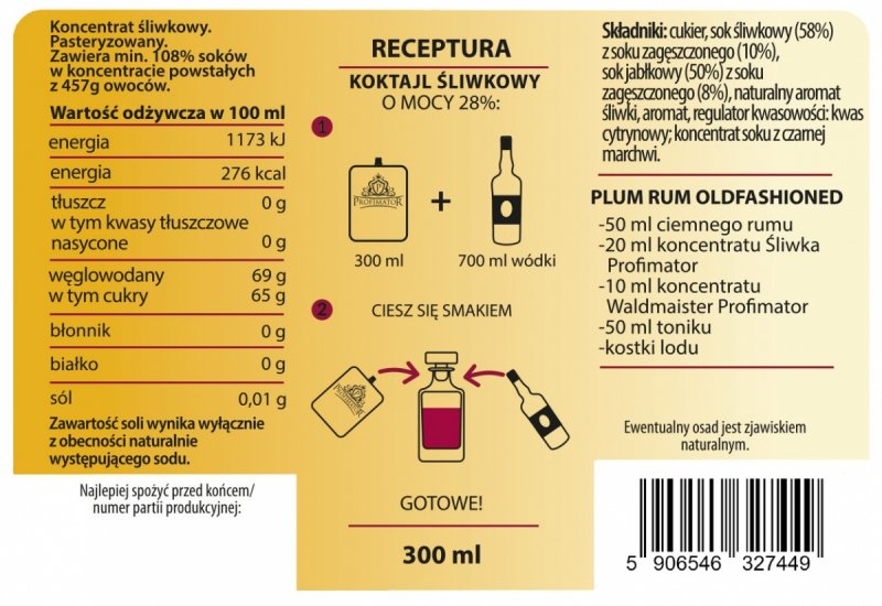 Bezalkoholowy koncentrat do przygotowywania napojów alkoholowych ŚLIWKA 300ml