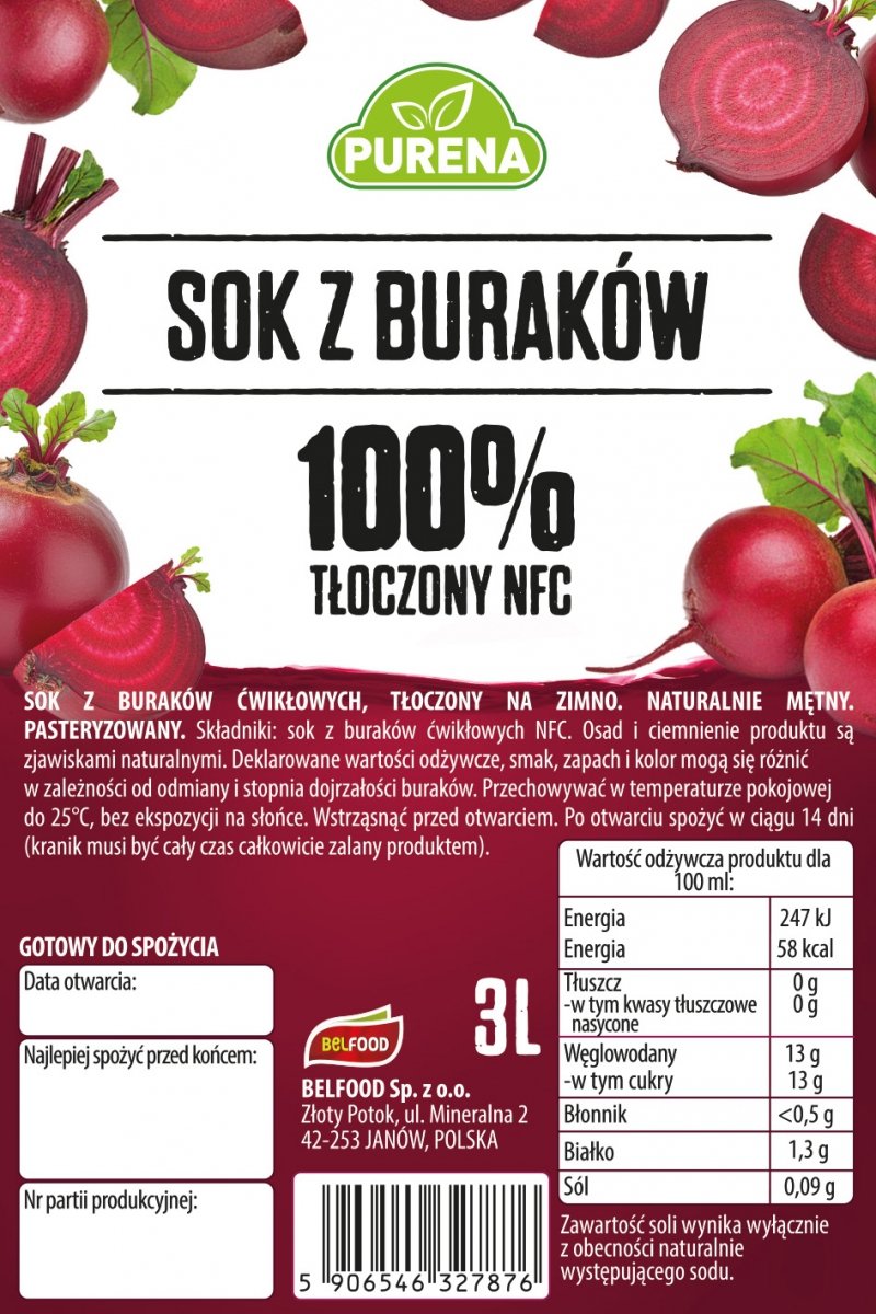 Sok z buraków 100% tłoczony na zimno NFC PURENA 3 L