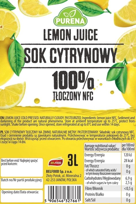 Sok cytrynowy 100% tłoczony na zimno NFC 3l