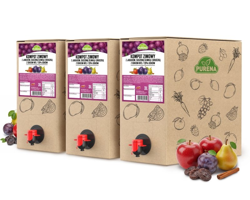 Domowy kompot zimowy z jabłkiem, suszoną śliwką i gruszką z sokiem NFC PURENA 3 L x 3 sztuki