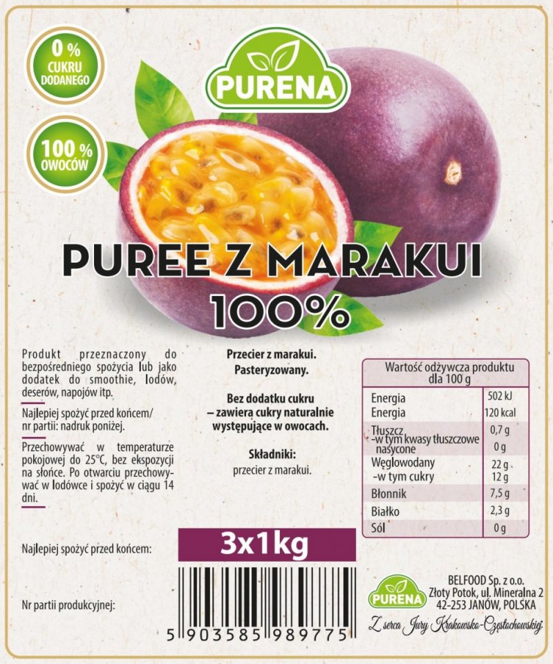 Pulpa puree przecier 100% bez cukru z marakui 3x1kg