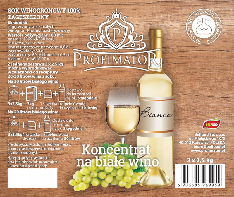 Sok z białych winogron na wino zagęszczony 3x2,5kg na 30l PROFIMATOR