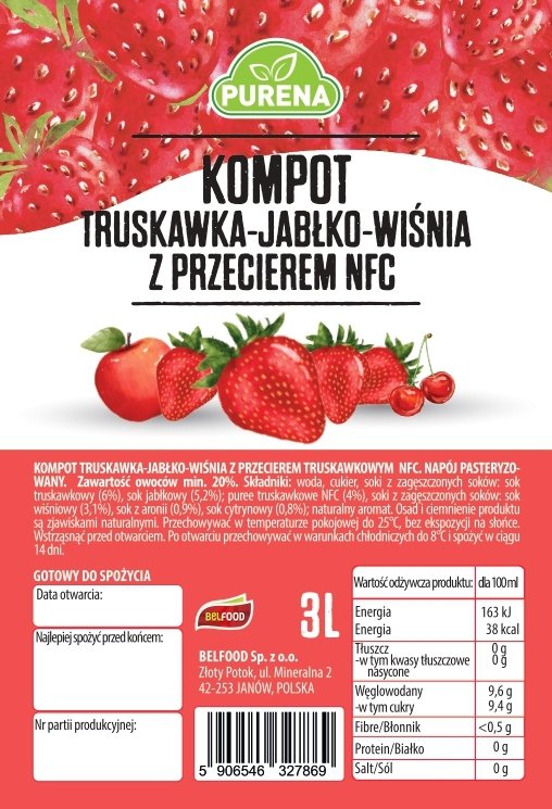 Kompot truskawka-jabłko-wiśnia z przecierem  NFC 3l