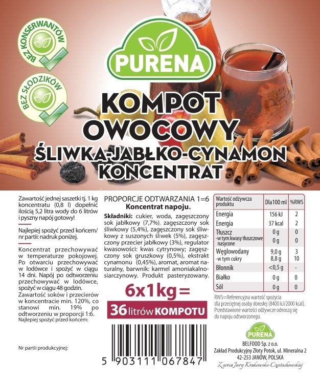 Kompot śliwka-jabłko-cynamon koncentrat 3x1kg na 18l