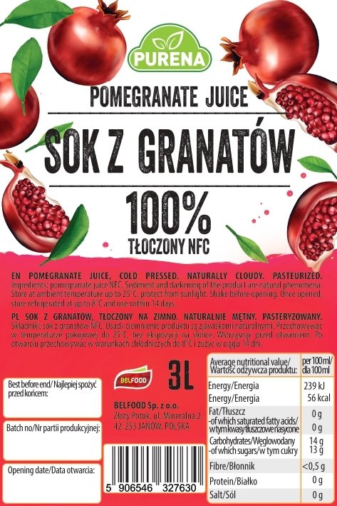 Mętny sok z granatów 100% tłoczony na zimno PREMIUM NFC 3l