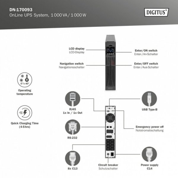 Digitus Zasilacz awaryjny UPS Online Rack 19&quot; LCD, 1000VA/1000W, 2x12V/9Ah, 8xC13, USB, RS232, RJ45