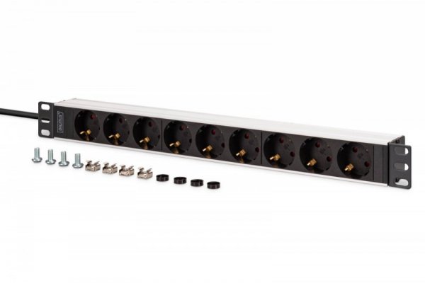 Digitus Listwa zasilająca PDU Rack 19", 9 gniazd Schuko CEE 7/3 (45°), kabel 2m wtyk IEC C20, 16A, aluminiowa