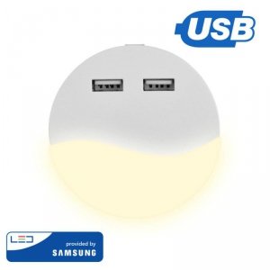 Lampka Nocna do Gniazdka LED z USB V-TAC SAMSUNG CHIP Okrągła VT-84 3000K 10lm