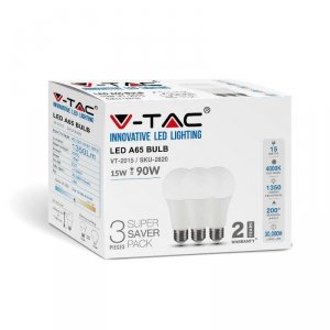 Żarówka LED V-TAC 15W E27 A60 (Opak. 3szt) VT-2015 4000K 1350lm