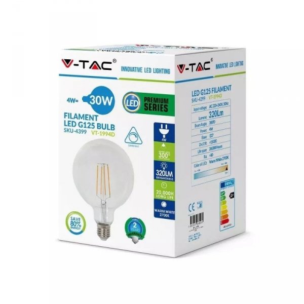 Żarówka LED V-TAC 4W Filament E27 G125 Ściemnialna VT-1994D 2700K 320lm