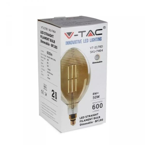 Żarówka LED V-TAC 8W Straight Filament E27 BF180 Bursztyn Ściemnialna VT-2178D 2000K 600lm