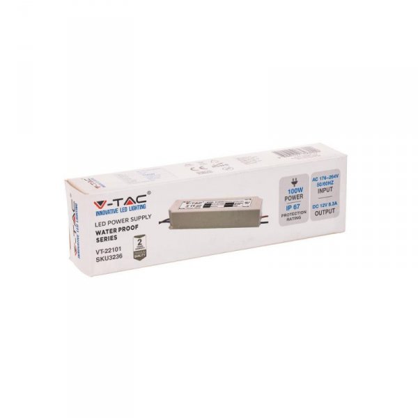 Zasilacz LED V-TAC 100W 12V 8.3A IP67 hermetyczny filtr EMI VT-22101