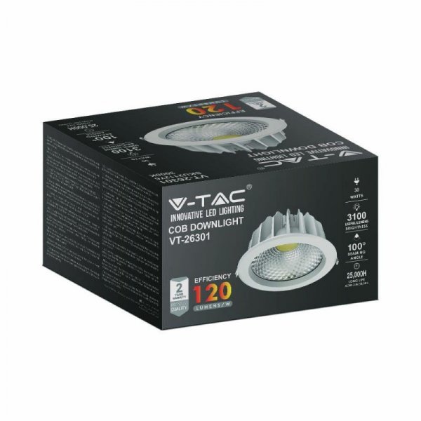Oprawa LED V-TAC 30W COB Downlight 120Lm/W VT-26301 4000K 3100lm