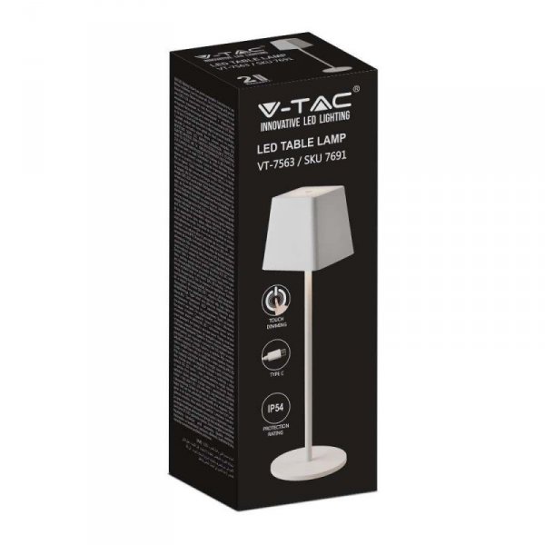 Lampka Biurkowa Nocna V-TAC 2W LED Ładowanie Ściemnianie IP54 Biała VT-7563 3000K 200lm
