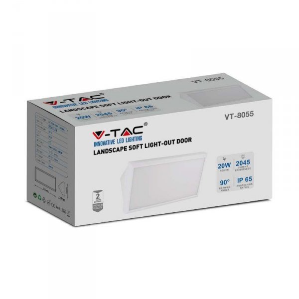 Oprawa Ścienna V-TAC 20W LED Ukośna Biała IP65 VT-8055 4000K 2045lm