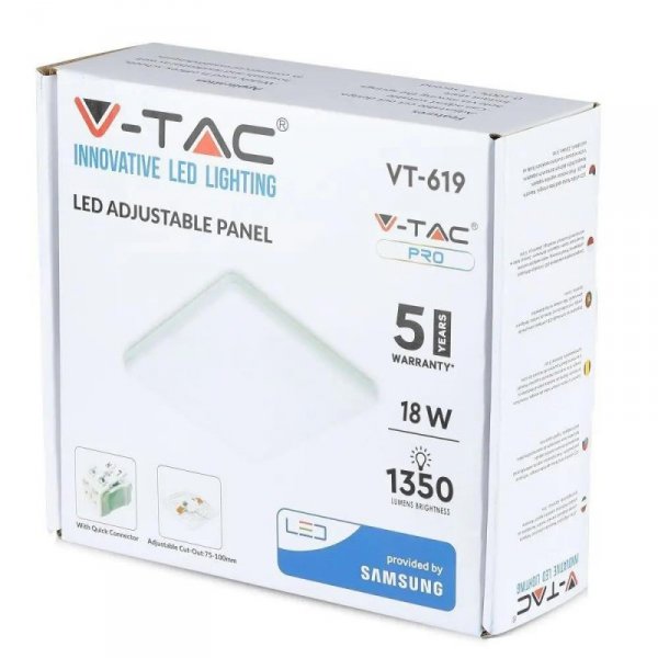 Panel V-TAC 18W LED Regulowany SAMSUNG CHIP Kwadrat 170x32mm VT-619SQ 3000K 1350lm 5 Lat Gwarancji