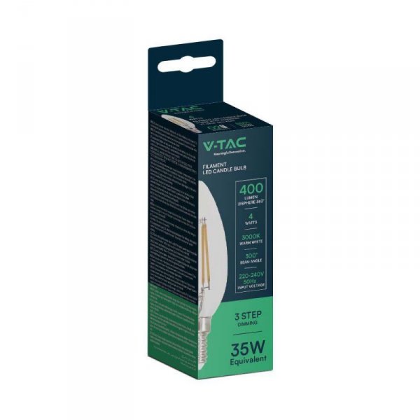 Żarówka LED filament V-TAC 4W świeczka C37 E14 3xKlik ściemnialna VT-2804 3000K 400lm