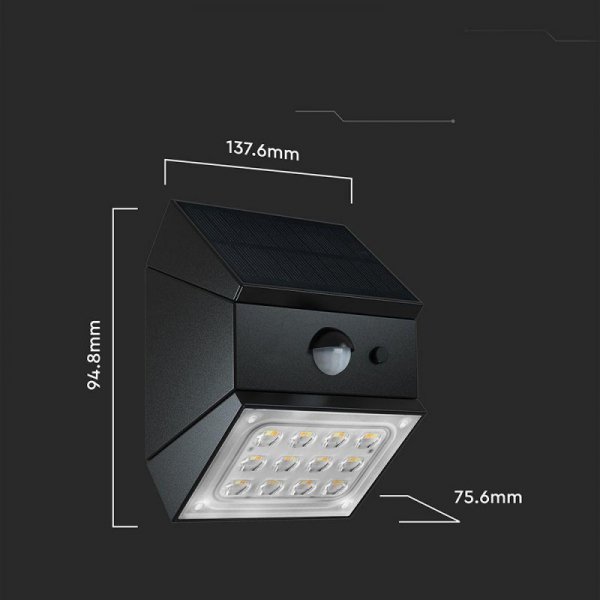 Kinkiet ogrodowy ścienny solarny V-TAC 2,5W CCT czujnik ruchu czarny VT-11025CCT-B 3000K-4000K-6000K 300lm 3 lata gwarancji