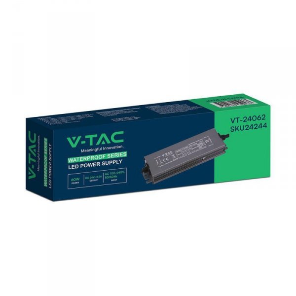 Zasilacz do LED hermetyczny SLIM V-TAC 60W 24V 2.5A IP67 filtr EMI VT-24062