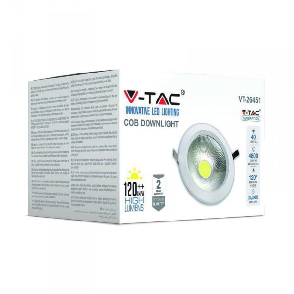 Oprawa 40W LED V-TAC COB Downlight Okrągły A++ 120lm/W VT-26451 4000K 4800lm