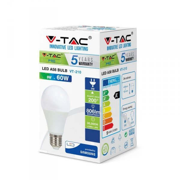 Żarówka LED V-TAC SAMSUNG CHIP 9W E27 A60 VT-210 6400K 806lm 5 Lat Gwarancji