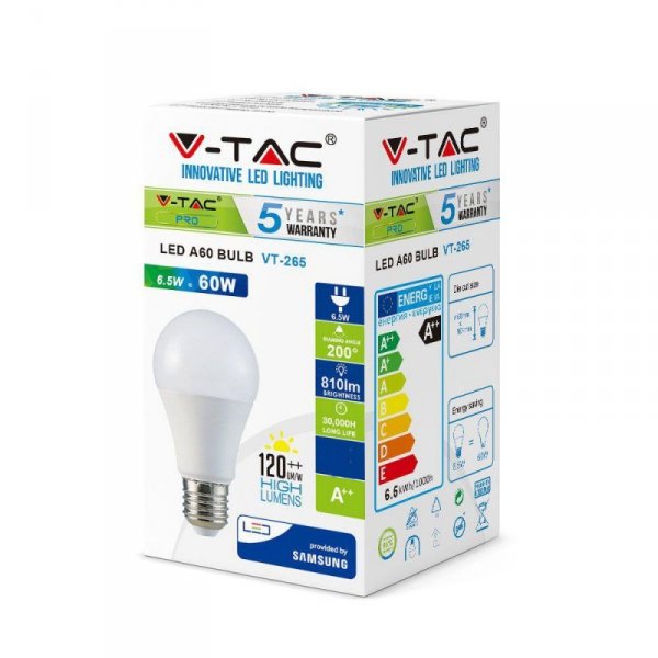 Żarówka LED V-TAC SAMSUNG CHIP 6.5W E27 A++ A60 VT-265 6400K 806lm 5 Lat Gwarancji