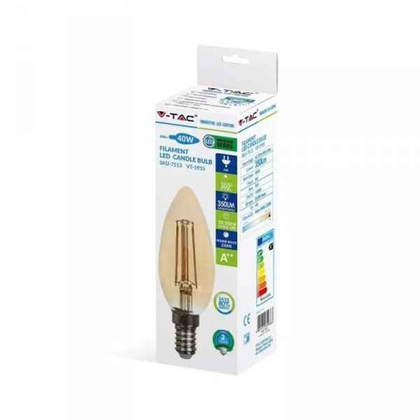Żarówka LED V-TAC 4W filament E14 świeczka bursztyn VT-1955 2200K 350lm