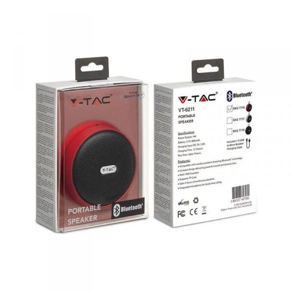 Przenośny Głośnik Bluetooth Micro USB Wysokiej jakości przewód 800mAh Czerwony V-TAC VT-6211