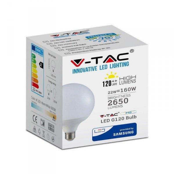 Żarówka LED V-TAC SAMSUNG CHIP 22W E27 G120 120lm/W VT-242 3000K 2650lm 5 Lat Gwarancji