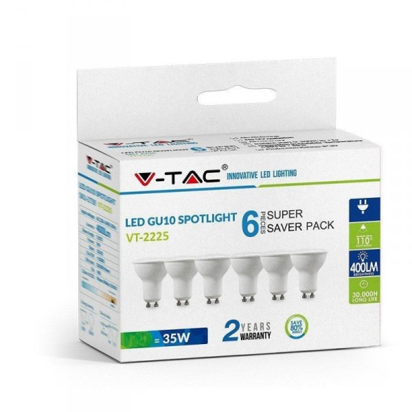 Żarówka LED V-TAC 4,5W GU10 SMD 110st mleczna szybka (opak. 6szt) VT-2225 3000K 400lm