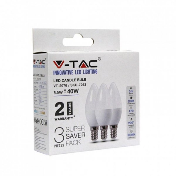 Żarówka LED V-TAC 4,5W E14 świeczka (opak. 3szt) VT-2076 6400K 470lm