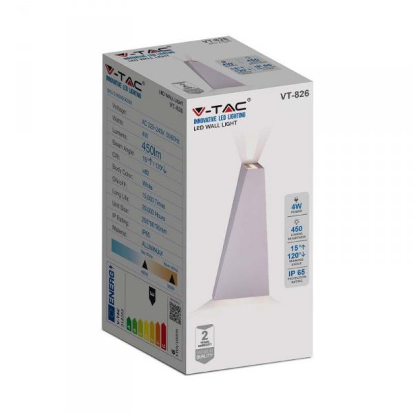 Kinkiet ścienny V-TAC 4W LED biały IP65 VT-826-W-N 4000K 476lm