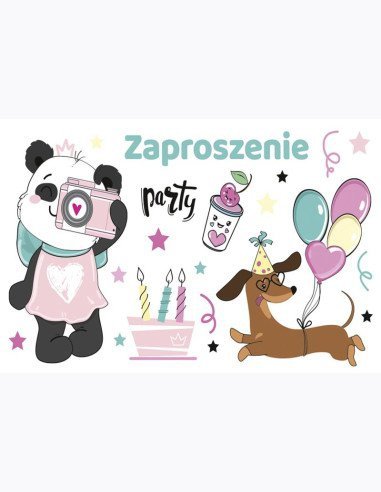 Zaproszenie Z 160x95 zest. 62128 Dziecięce - Balony, Dziewczynka, Grafika, Pandy, Psy, Torty, Urodziny
