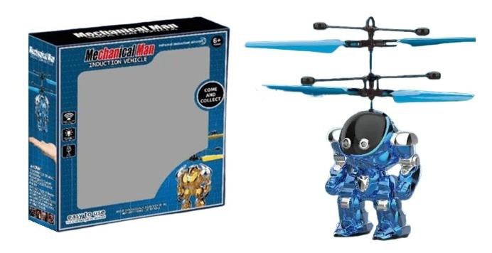 Robot Mech latający nad dłonią niebieski