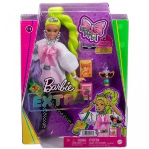Lalka Barbie Extra Biała tunika Neonowe zielone włosy 