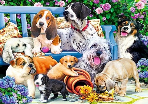 Puzzle 1000 elementów - Psy w ogrodzie
