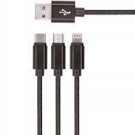 Kabel połączeniowy USB 3w1 Typ USB C + Lightning + micro USB B USB A  M-M 10W nylon czarny 1m AK-300160-010-S