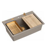 Quadron MARC 110 WORKSTATION GraniteQ zlewozmywak 1-komorowy 760*500*235 mm soft taupe + syfon push to open + dozownik + deska + wkładka / elementy miedziane HQM7650U4PVDC1