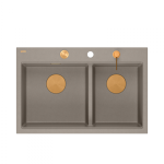 Quadron MARC 120 WORKSTATION GraniteQ zlewozmywak 2-komorowy 760*500*235 mm soft taupe + syfon push to open + dozownik + deska + wkładka / elementy miedziane HQC7650U4PVDC1