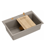Quadron MARC 110 WORKSTATION GraniteQ zlewozmywak 1-komorowy 760*500*235 mm soft taupe + syfon push to open + dozownik + deska + wkładka / elementy miedziane HQM7650U4PVDC1