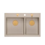 Quadron MARC 120 WORKSTATION GraniteQ zlewozmywak 2-komorowy 760*500*235 mm pearl beige + syfon push to open + dozownik + deska + wkładka / elementy miedziane HQC7650U2PVDC1