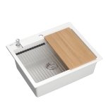 Quadron | KURT 110 | kuchenny zlewozmywak granitowy BIAŁY | wymiary: 59,5 x 50 x 21,5 cm | akcesoria: syfon, dozownik, deska, Qmata, wkładka ociekowa | 1-komorowy wpuszczany | podbudowa szafki: od 60 cm HCQK5052BIK