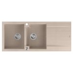 Quadron EVAN 121 GraniteQ zlewozmywak z syfonem Push To Open 2-komorowy z/o (1160x500x210; kom. 420x340) pearl beige / elementy stalowe HQE11650U2BSP2O
