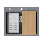 Quadron | KURT 110 | kuchenny zlewozmywak granitowy SZARY | wymiary: 59,5 x 50 x 21,5 cm | akcesoria: syfon, dozownik, deska, Qmata, wkładka ociekowa | 1-komorowy wpuszczany | podbudowa szafki: od 60 cm HCQK5052SZK