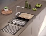 Quadron MARC 120 WORKSTATION GraniteQ zlewozmywak 2-komorowy 760*500*235 mm silver stone + syfon push to open + dozownik + deska + wkładka / elementy złote HQC7650U5PVDG1