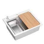 Quadron | KURT 110 | kuchenny zlewozmywak granitowy BIAŁY | wymiary: 59,5 x 50 x 21,5 cm | akcesoria: syfon, dozownik, deska, Qmata, wkładka ociekowa | 1-komorowy wpuszczany | podbudowa szafki: od 60 cm HCQK5052BIK