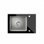 QUADRON HUGH 116 komora stalowa z czarnym blatem szklanym z syfonem i zaślepką (640x440/R35) + KATE SteelQ stalowa bateria kuchenna stal szczotkowana